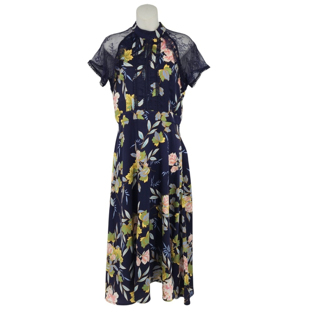 Liquorish Floral Lace Midi Dress Women Size 6 Navy Blue Short Sleeve High Neck